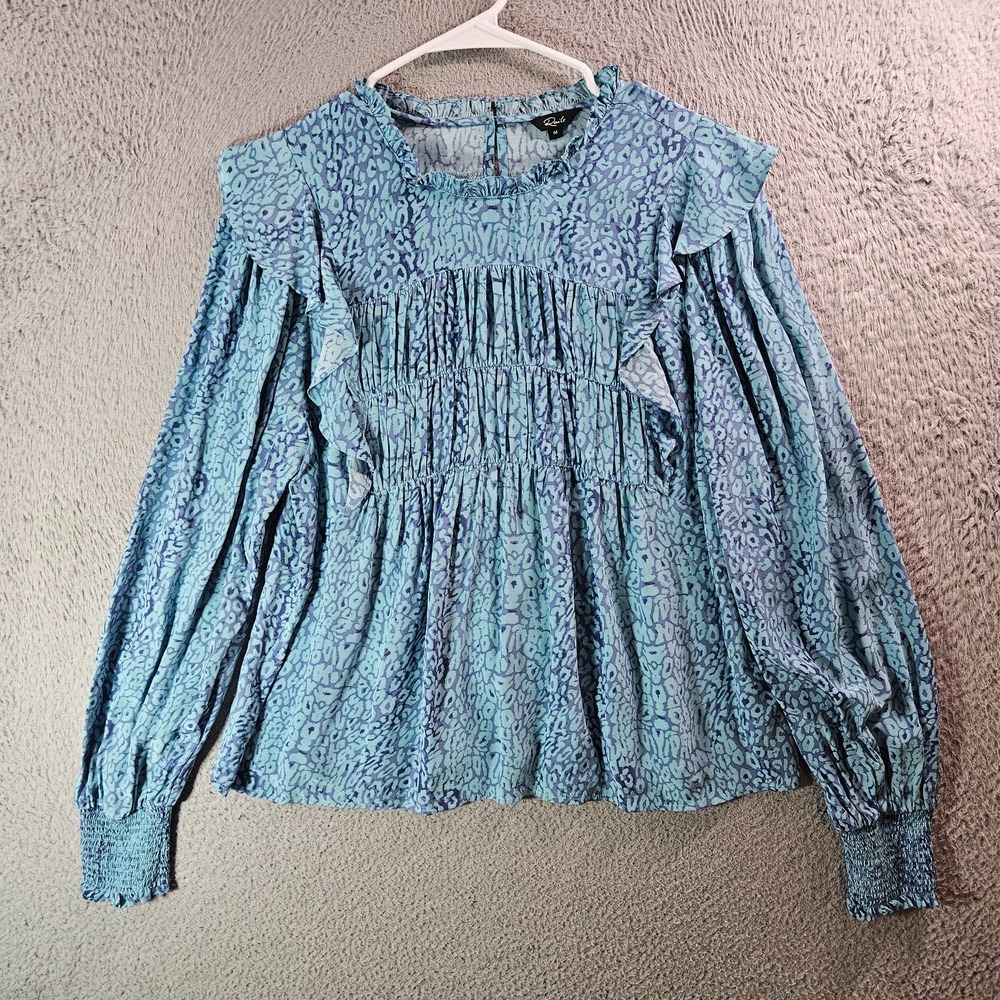 Rails Top Blouse Women Medium Ruffle Long Sleeve Abstract Teal Blue Purple